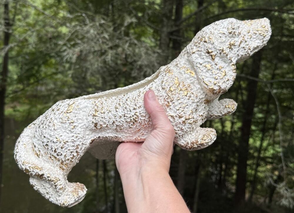 Vintage Daschund Weiner Succulent Planter Large 16" White Gold Accent Ceramic